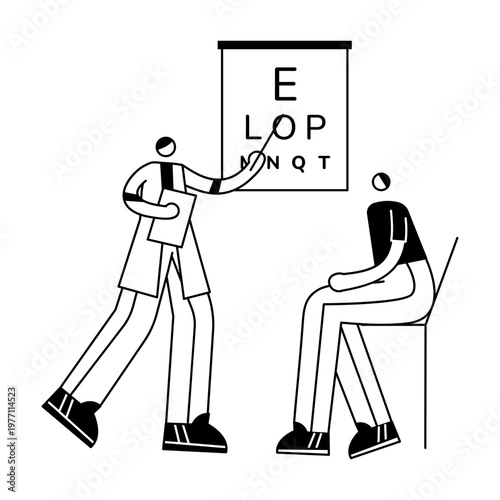 A hand drawn style illustration showing eye doctor checkup