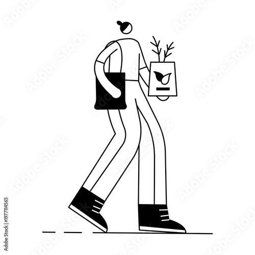 A hand drawn style illustration showing a character buy plant
