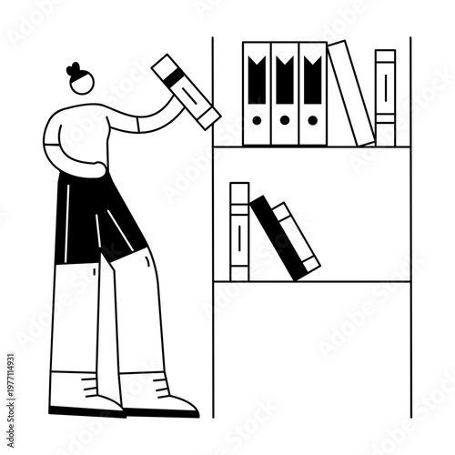 A sketchy illustration showing a character in library