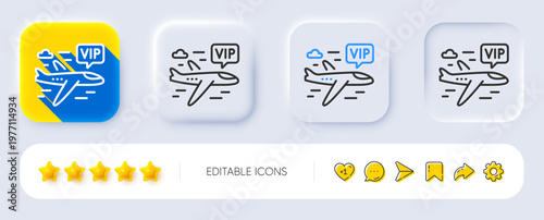 Vip flight line icon. Neumorphic, Flat shadow, 3d buttons. Very important person airplane sign. Charter plane symbol. Line vip flight icon. Social media icons. Vector
