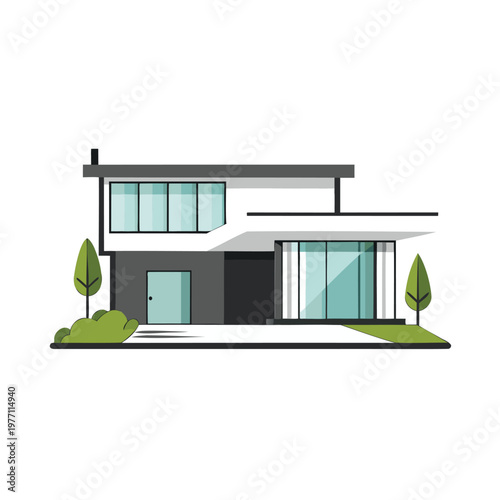 Modern minimalist house with large glass panels and small garden area