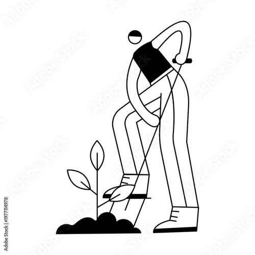 A doodle illustration depicting a character planting in garden