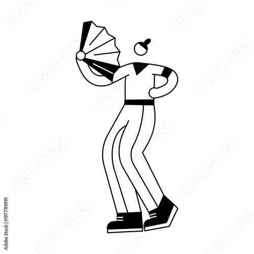 A hand drawn illustration showing a character waving paper fan