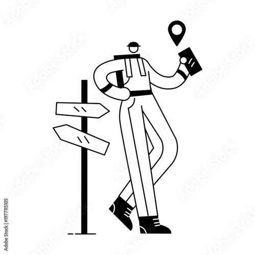 A sketchy illustration showing a character using mobile navigation