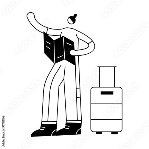 A sketchy illustration showing a character holding travel map