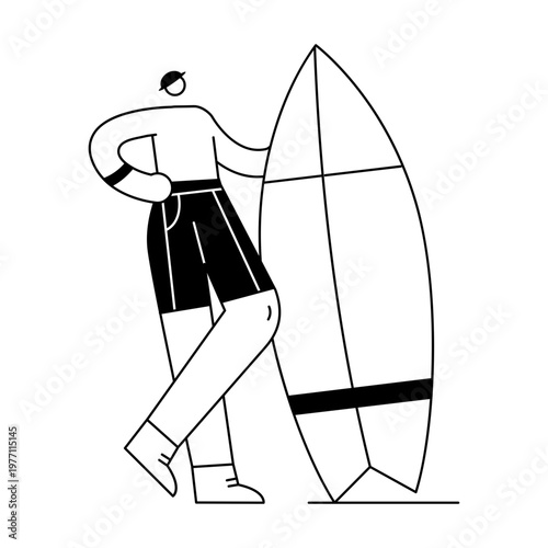 A sketchy illustration showing a character holding surfboard