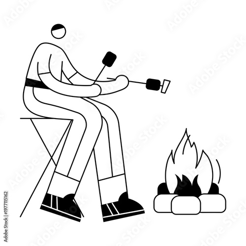 A hand drawn illustration showing a character near bonfire