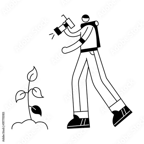 A hand drawn illustration showing a character taking picture of a plant