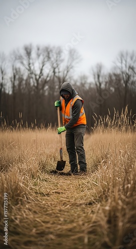 Person in Orange Vest Digging in Dry Field.