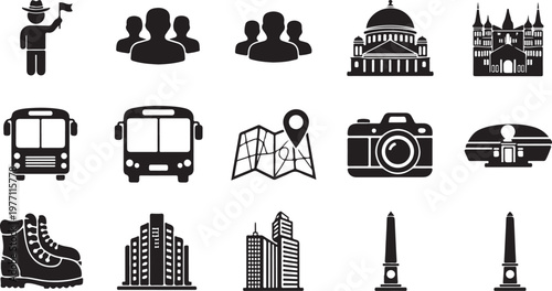 Collection of various car wheels with tires in black and white colors on transparent background.