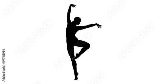 Silhouette of a graceful ballet dancer in a dynamic pose on a white background.