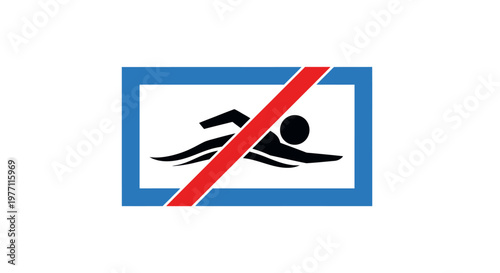 A rectangular sign with a blue border indicating no swimming is allowed, featuring a red diagonal line crossing out a swimmer silhouette.