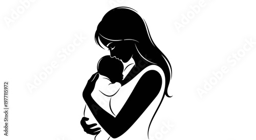 Silhouette of a mother tenderly holding her newborn baby, symbolizing love and maternal care, happy mother's day.