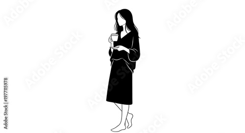 Minimalist black and white illustration of a woman holding a cup and standing barefoot.