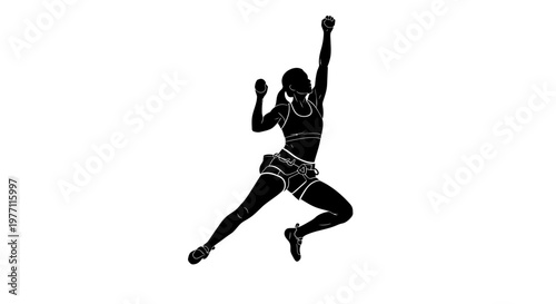 Silhouette of a determined female rock climber reaching upwards on an invisible wall, showcasing strength and agility.