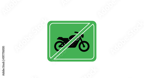 A black silhouette of a motorcycle is crossed out with a diagonal line inside a green square with rounded corners, indicating a prohibition.