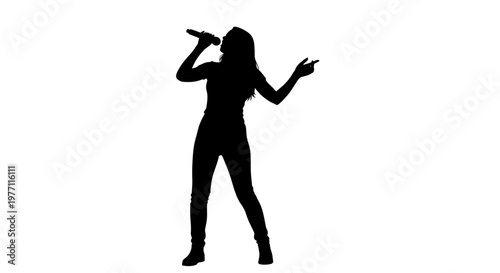 Silhouette of a woman singing into a microphone with her hand raised in a dynamic pose.