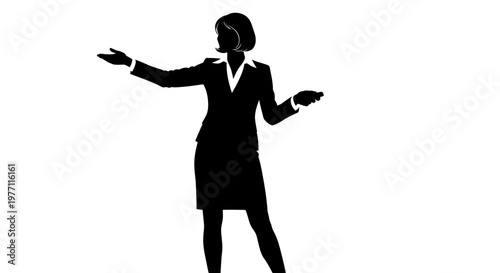 Silhouette of a businesswoman in a suit gesturing with her hands, isolated on a white background.