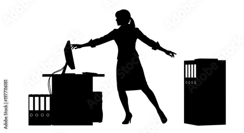 Silhouette of a busy businesswoman multitasking in an office environment, reaching for a computer monitor and pointing towards a large stack of files.