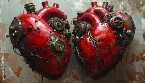 Steampunk Mechanical Heart Sculpture Duo.