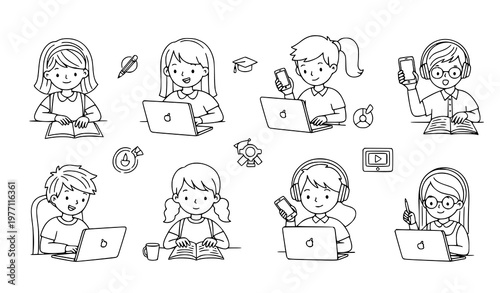 Doodle schoolchildren online education vector set with kids using gadgets and digital learning technology