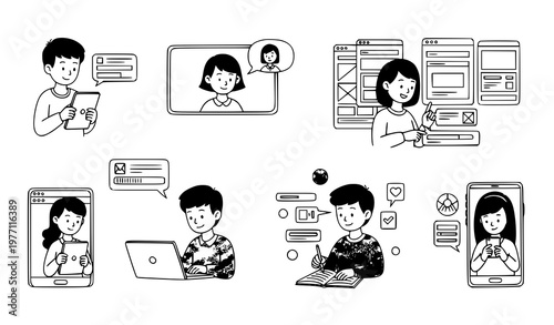 Online learning kids doodle characters with gadgets and virtual classroom technology vector illustration set