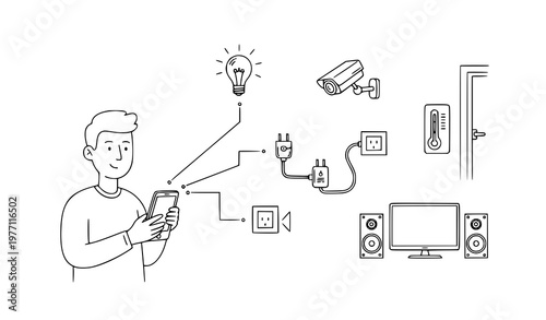 Vector doodle illustration of man controlling smart home electronics with smartphone isolated on white