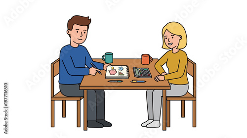 Two people sitting at a table with a notebook and calculator