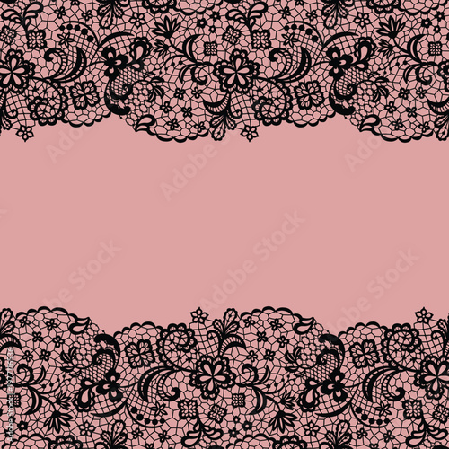 Black Lace Floral Frame with Double Seamless Borders on Pink Background