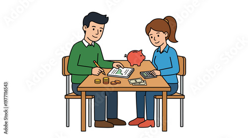 Happy couple planning finances together with calculator and piggy bank