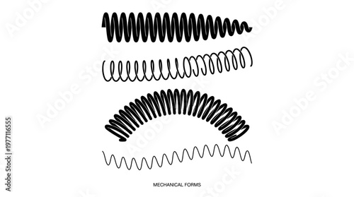 Four black coil springs in vertical alignment, showcasing conical, cylindrical, curved, and loose geometries representing mechanical variation and design.