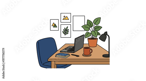 Modern home office workspace with laptop and plant on wooden desk