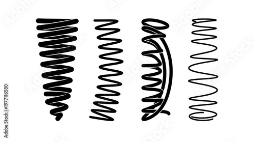 Four black coil springs in vertical alignment, showcasing conical, cylindrical, curved, and loose geometries representing mechanical variation and design.