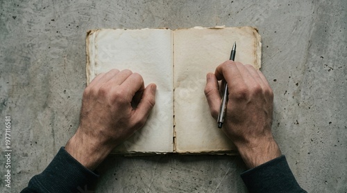 Hands Holding Pen Over Blank Vintage Journal Expressing Inner Thoughts And Processing Trauma Through Writing Therapy

