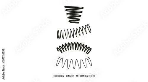 Four black coil springs in vertical alignment, showcasing conical, cylindrical, curved, and loose geometries representing mechanical variation and design.