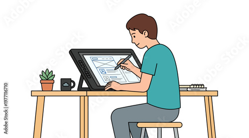 A man works on a digital tablet at a desk with a stylus