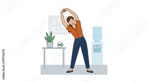 Woman stretches in office with water cooler and desk nearby