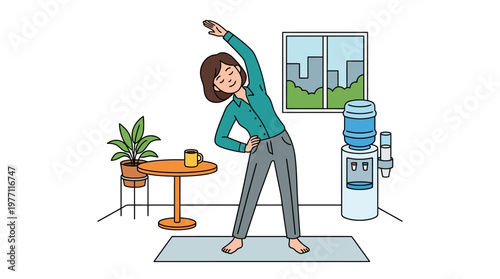 Woman engages in office yoga stretching exercise, maintaining wellness at her desk