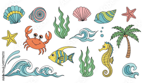 Trendy retro ocean sticker collection with nautical doodle marine elements vector illustration
