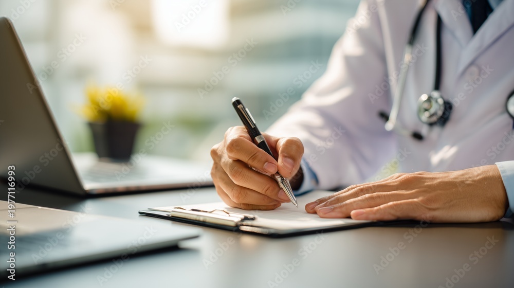 Fototapeta premium Doctor's hand writing patient information on a clipboard, symbolizing healthcare documentation