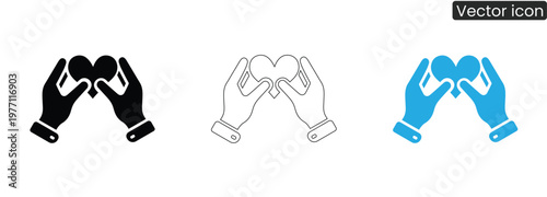 Hands holding heart on white background vector icon set in black line and blue