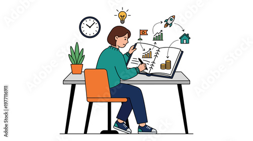 Woman analyzing financial data and planning with a notebook and pen