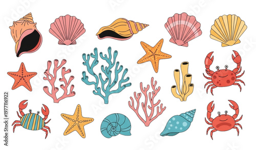 Modern flat cartoon seashells and ocean beach creatures trendy nautical vector sticker collection