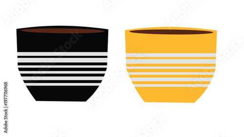 Two minimalist ceramic bowls with horizontal striped patterns, black and yellow vector icons