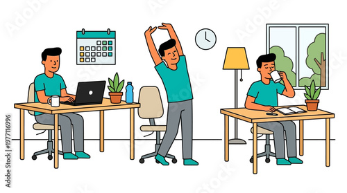 Illustration of a man in different office work scenarios with laptop and coffee