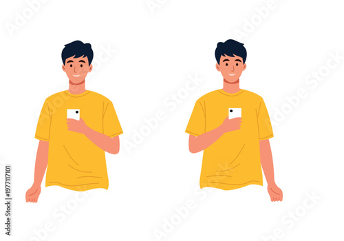 Set of two young men in yellow tshirts holding smartphones in their hands