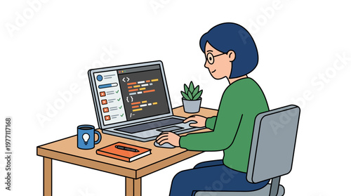 Woman sitting at a desk working on a laptop with coding software open on the screen