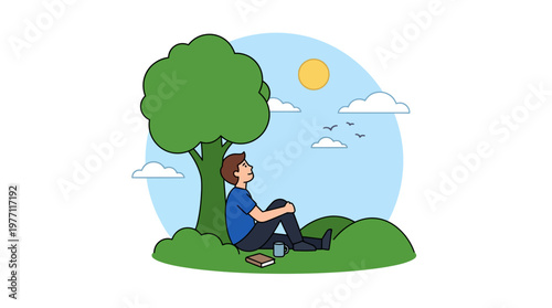 A man sits under a tree with a book and coffee, enjoying a peaceful sunny day outdoors.