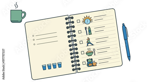 A daily planner or journal with a checklist and a cup of coffee nearby for morning routine