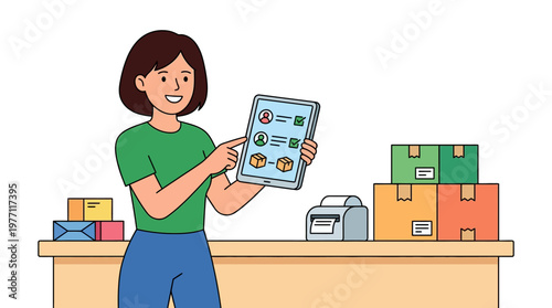 Woman uses a digital tablet to manage packages at a shipping counter efficiently daily.